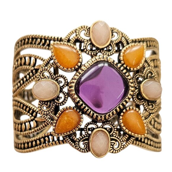 Barse Gold Tone Cuff Bracelet Purple Lucite Center, Signed - Picture 4 of 11